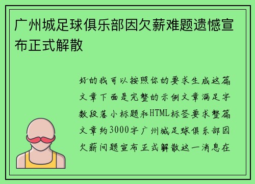广州城足球俱乐部因欠薪难题遗憾宣布正式解散